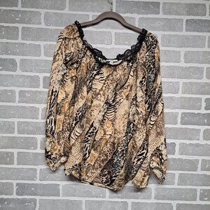 Alberto Makali Womens Animal Print Lace Off Shoulder‎ Neck Y2k Blouse Size Small